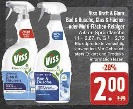 Viss Kraft & Glanz Bad & Dusche, Glas & Flächen oder Multi-Flächen-Reiniger 750 ml