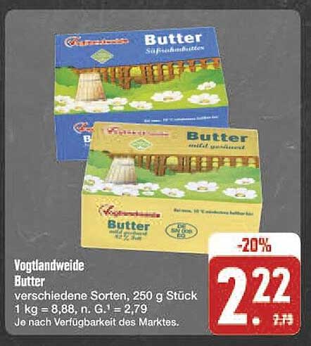 Vogtlandweide Butter, 250 g Stück, verschiedene Sorten