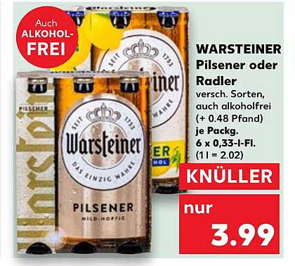 WARSTEINER Pilsener oder Radler 6 x 0,33 l – nur 3,99 €