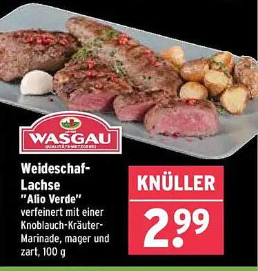 Weideschaf-Lachse "Alio Verde" verfeinert mit einer Knoblauch-Kräuter-Marinade, mager und zart, 100 g