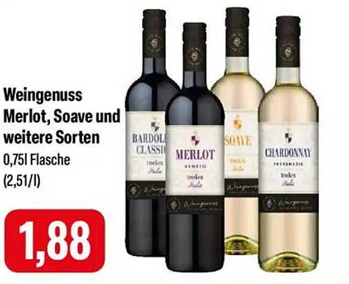 Weingenuss Merlot, Soave und weitere Sorten 0,75l Flasche