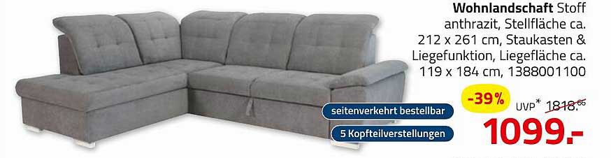 Wohnlandschaft Stoff anthrazit mit Liegefunktion und Stauraum