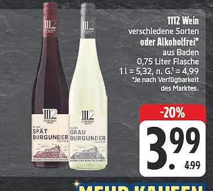 1112 Wein verschiedene Sorten oder Alkoholfrei aus Baden 0,75 Liter Flasche