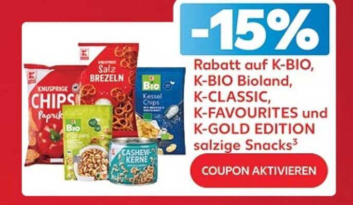 -15% Rabatt auf K-BIO, K-BIO Bioland, K-CLASSIC, K-FAVOURITES und K-GOLD EDITION salzige Snacks³