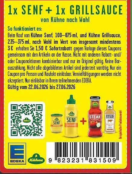 1x SENF + 1x GRILLSAUCE von Kühne nach Wahl