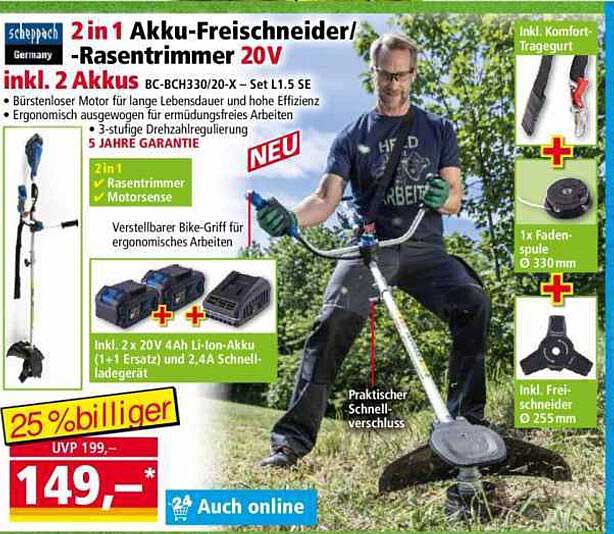 2 in1 Akku-Freischneider/-Rasentrimmer 20V inkl. 2 Akkus BC-BCH330/20-X – Set L1.5 SE