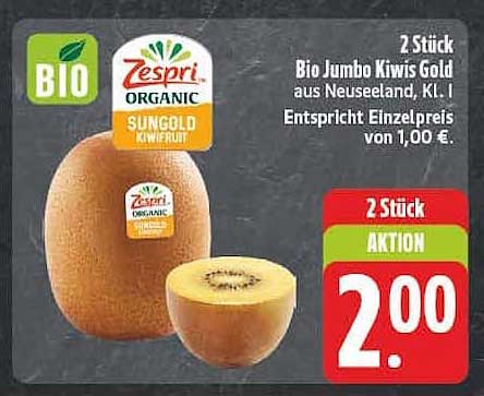 2 Stück Bio Jumbo Kiwis Gold aus Neuseeland, Kl. I Entspricht Einzelpreis von 1,00 €.
