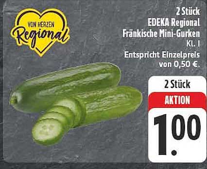 2 Stück EDEKA Regional Fränkische Mini-Gurken Kl. I Entspricht Einzelpreis von 0,50 €.