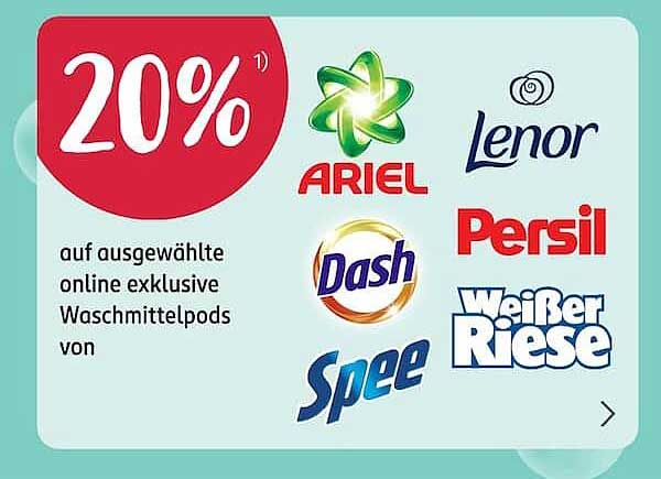 20% auf ausgewählte online exklusive Waschmittelpods von Ariel, Lenor, Dash, Persil, Spee, Weißer Riese