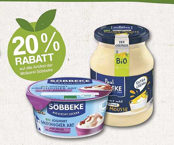 20% RABATT auf alle Artikel der Molkerei Söbbeke