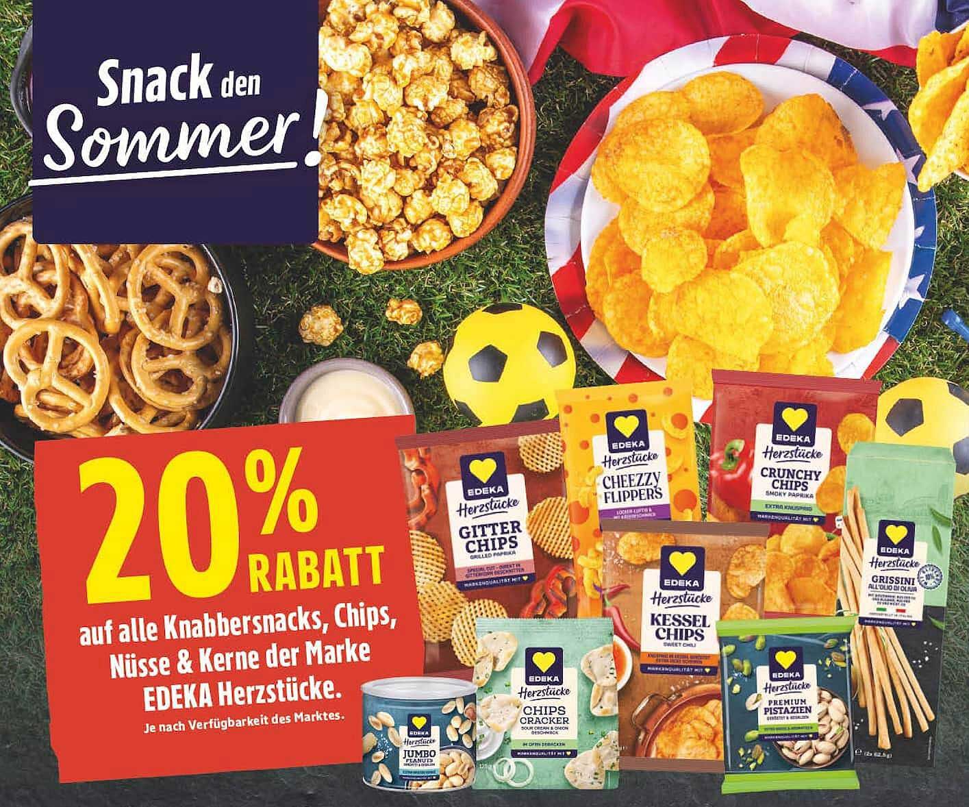 20% RABATT auf alle Knabbersnacks, Chips, Nüsse & Kerne der Marke EDEKA Herzstücke.