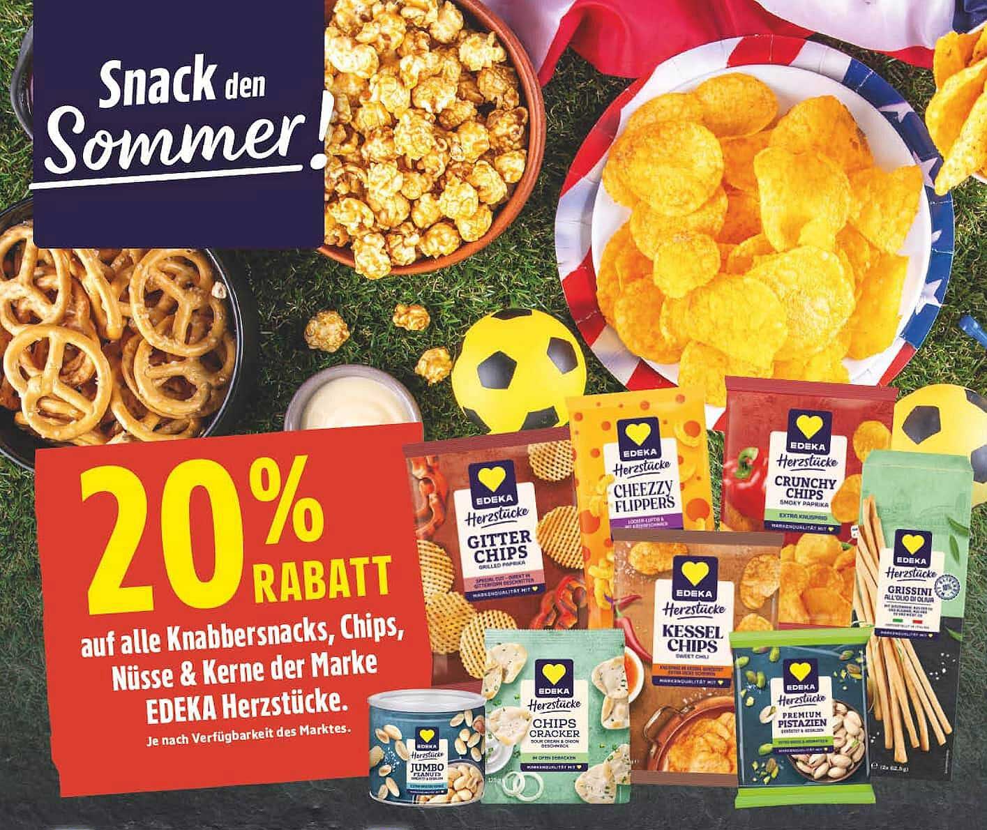 20% RABATT auf alle Knabbersnacks, Chips, Nüsse & Kerne der Marke EDEKA Herzstücke.