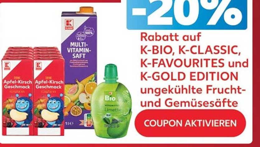 -20% Rabatt auf K-BIO, K-CLASSIC, K-FAVOURITES und K-GOLD EDITION ungekühlte Frucht- und Gemüsesäfte