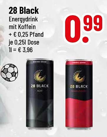 28 Black Energydrink mit Koffein + € 0,25 Pfand je 0,25l Dose ll = € 3,96