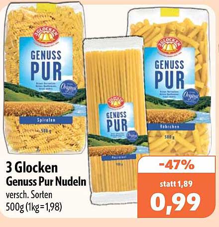 3 Glocken Genuss Pur Nudeln versch. Sorten 500g (1kg=1,98)