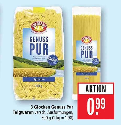 3 Glocken Genuss Pur Teigwaren versch. Ausformungen, 500 g (1 kg = 1,98)