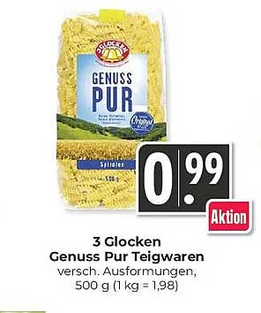 3 Glocken Genuss Pur Teigwaren versch. Ausformungen, 500 g (1 kg = 1,98)