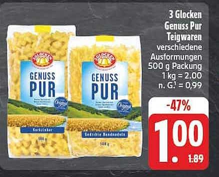3 Glocken Genuss Pur Teigwaren verschiedene Ausformungen 500 g Packung 1 kg = 2,00 n. G. = 0,99