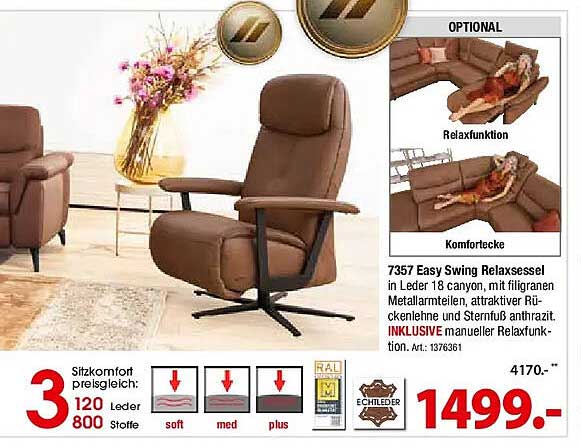 7357 Easy Swing Relaxsessel in Leder, canyon, mit filigranen Metallarmteilen, attraktiver Rückenlehne und Sternfuß anthrazit, INKLUSIVE manueller Relaxfunktion. Art.: 1376361
