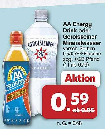 AA Energy Drink oder Gerolsteiner Mineralwasser versch. Sorten 0,5/0,75-l-Flasche zzgl. 0.25 Pfand (1 l ab 0.79)