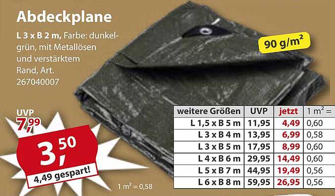 Abdeckplane L 3 x B 2 m, Farbe: dunkel-grün, mit Metallösen und verstärktem Rand, Art. 267040007