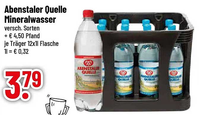 Abenstaler Quelle Mineralwasser versch. Sorten + € 4,50 Pfand je Träger 12x1l Flasche 1l = € 0,32