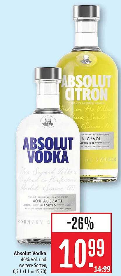 Absolut Vodka 40% Vol. und weitere Sorten, 0,7 l (1 L = 15,70)