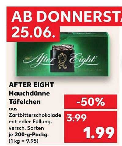 AFTER EIGHT Hauchdünne Täfelchen aus Zartbitterschokolade mit edler Füllung, versch. Sorten je 200-g-Packg. (1 kg = 9.95)