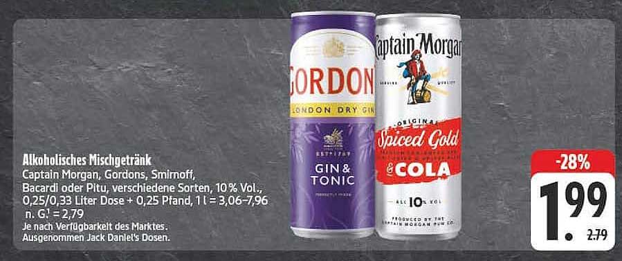 Alkoholisches Mischgetränk Captain Morgan, Gordons, Smirnoff, Bacardi oder Pitu, verschiedene Sorten, 10% Vol., 0,25/0,33 Liter Dose + 0,25 Pfand, 1 l = 3,06-7,96