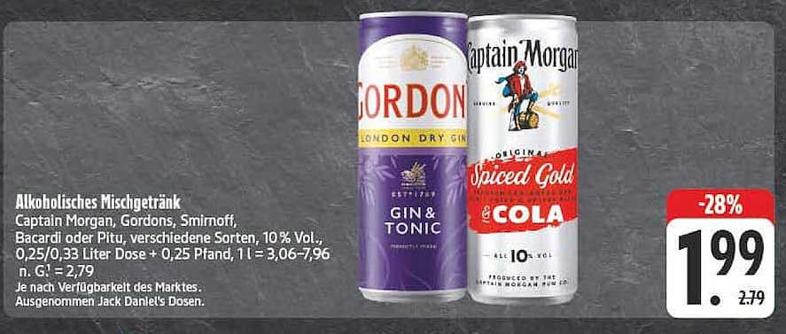 Alkoholisches Mischgetränk Captain Morgan, Gordons, Smirnoff, Bacardi oder Pitu, verschiedene Sorten, 10% Vol., 0,25/0,33 Liter Dose + 0,25 Pfand, 1 l = 3,06–7,96