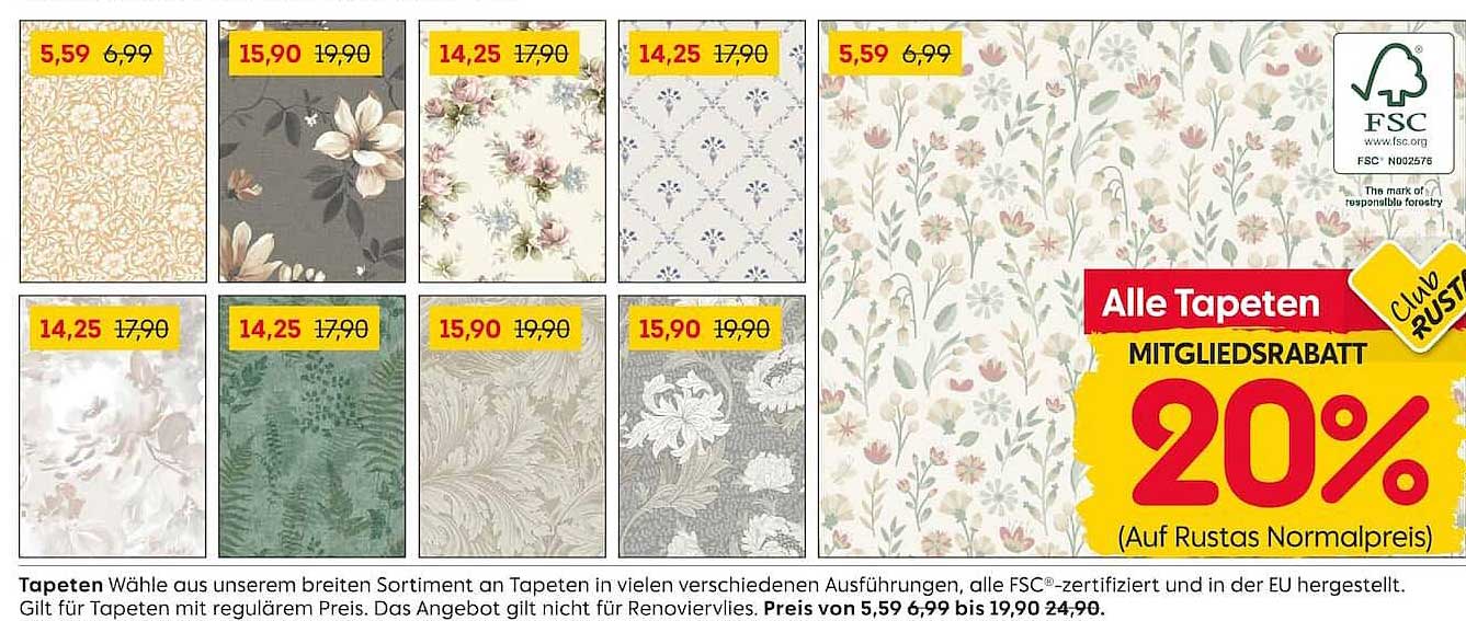 Alle Tapeten MITGLIEDSRABATT 20% (Auf Rustas Normalpreis)