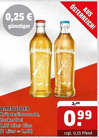 ALMDUDLER Kräuterlimonade, zuckerfrei, 0,35 Liter Glas (1 Liter = 2,83)
