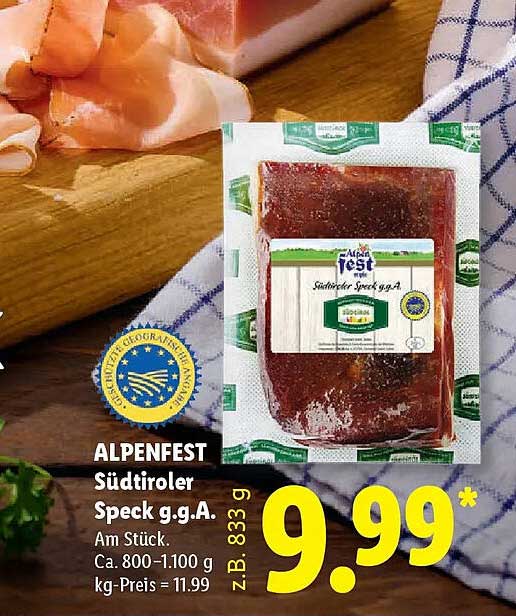 ALPENFEST Südtiroler Speck g.g.A. Am Stück, ca. 800-1.100 g, kg-Preis = 11.99