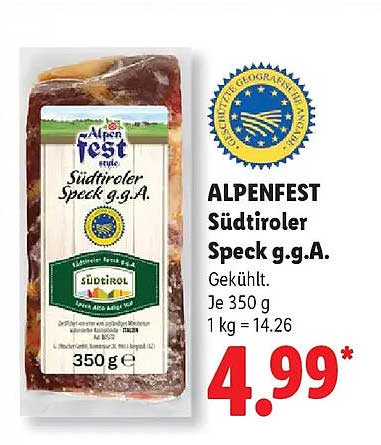 ALPENFEST Südtiroler Speck g.g.A. Gekühlt. Je 350 g 1 kg =14.26