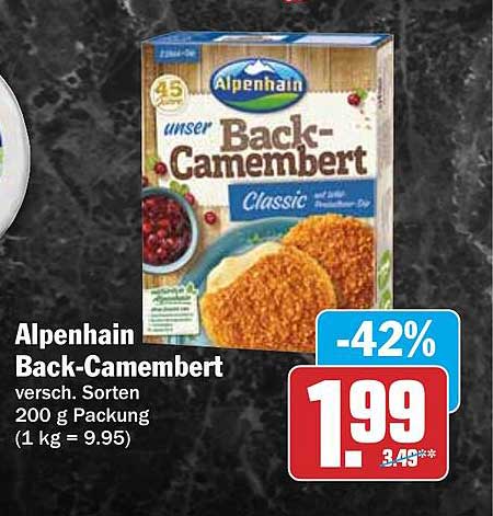 Alpenhain Back-Camembert versch. Sorten 200 g Packung (1 kg = 9.95)