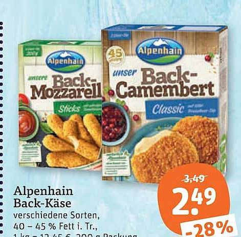 Alpenhain Back-Käse verschiedene Sorten, 40 - 45 % Fett i. Tr., 1 kg = 12,35 / 12,46 € 200 g Packung