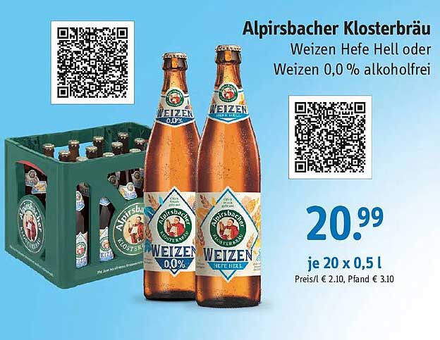 Alpirsbacher Klosterbräu Weizen Hefe Hell oder Weizen 0,0 % alkoholfrei