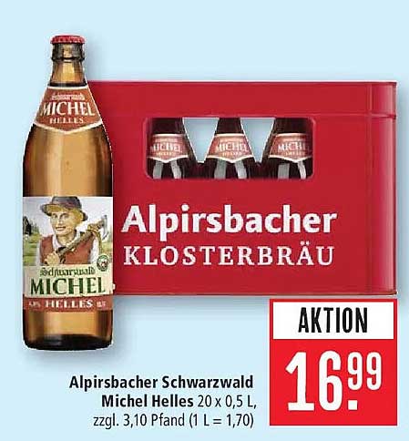 Alpirsbacher Schwarzwald Michel Helles 20 x 0,5 L, zzgl. 3,10 Pfand (1 L = 1,70)