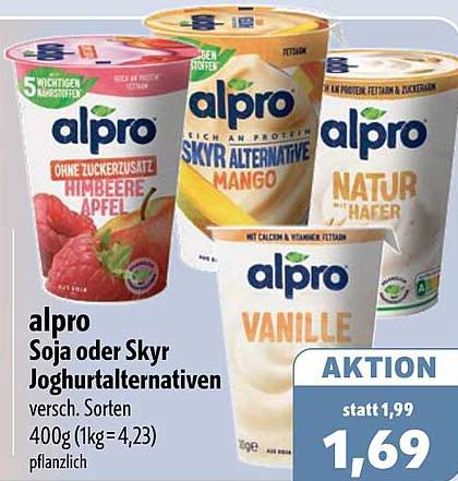 alpro Soja oder Skyr Joghuralternativen versch. Sorten 400g (1kg = 4,23) pflanzlich
