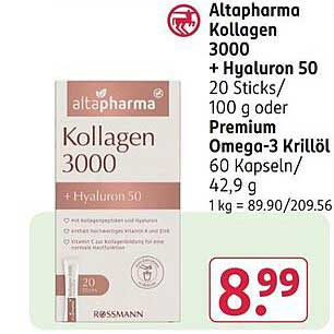 Altapharma Kollagen 3000 + Hyaluron 50 20 Sticks/100 g oder Premium Omega-3 Krillöl 60 Kapseln/42,9 g