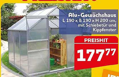 Alu-Gewächshaus L 190 x B 190 x H 200 cm, mit Schiebetür und Kippfenster