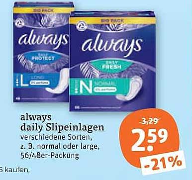 always daily Slipeinlagen verschiedene Sorten, z. B. normal oder large, 56/48er-Packung