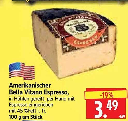 Amerikanischer Bella Vitano Espresso, in Höhlen gereift, per Hand mit Espresso eingerieben mit 45 %Fett i. Tr. 100 g am Stück