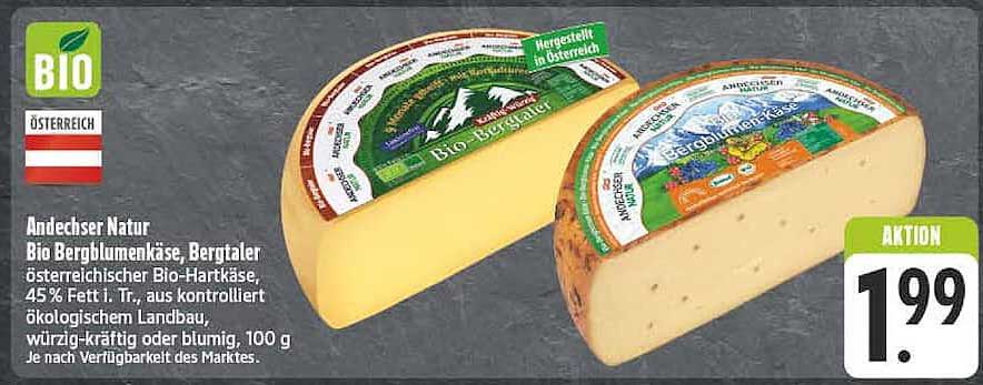 Andechser Natur Bio Bergblumenkäse, Bergtaler österreichischer Bio-Hartkäse, 45% Fett i. Tr., aus kontrolliert ökologischem Landbau, würzig-kräftig oder blumig, 100 g