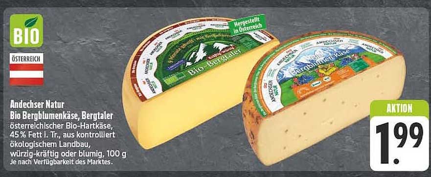 Andechser Natur Bio Bergblumenkäse, Bergtaler österreichischer Bio-Hartkäse, 45% Fett i. Tr., aus kontrolliert ökologischem Landbau, würzig-kräftig oder blumig, 100 g