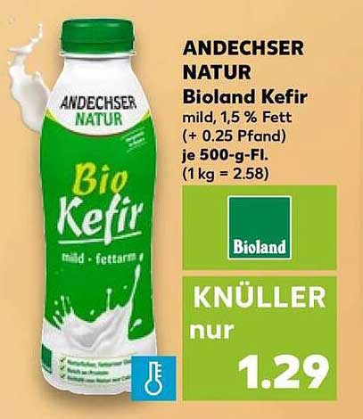 ANDECHSER NATUR Bioland Kefir mild, 1,5 % Fett (+ 0,25 Pfand) je 500-g-Fl. (1 kg = 2.58)