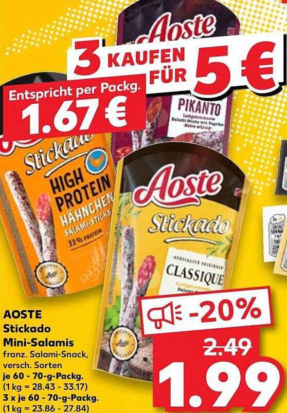 AOSTE Stickado Mini-Salamis franz. Salami-Snack, versch. Sorten je 60 - 70-g-Packg. (1 kg = 28.43 - 33.17) 3 x je 60 - 70-g-Packg. (1 kg = 23.86 - 27.84)