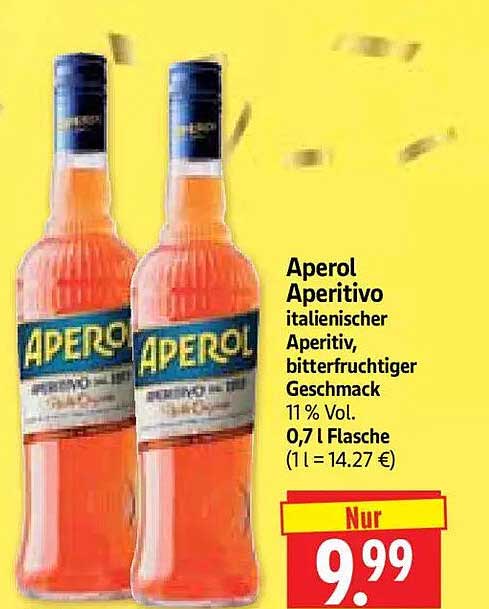 Aperol Aperitivo italienischer Aperitiv, bitterfruchtiger Geschmack 11 % Vol. 0,7 l Flasche (1 l = 14.27 €)