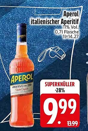 Aperol italienischer Aperitif 11% Vol. 0,7l Flasche 1l=14.27 SUPERKNÜLLER -28%