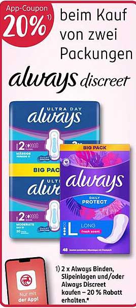 App-Coupon 20% beim Kauf von zwei Packungen always discreet